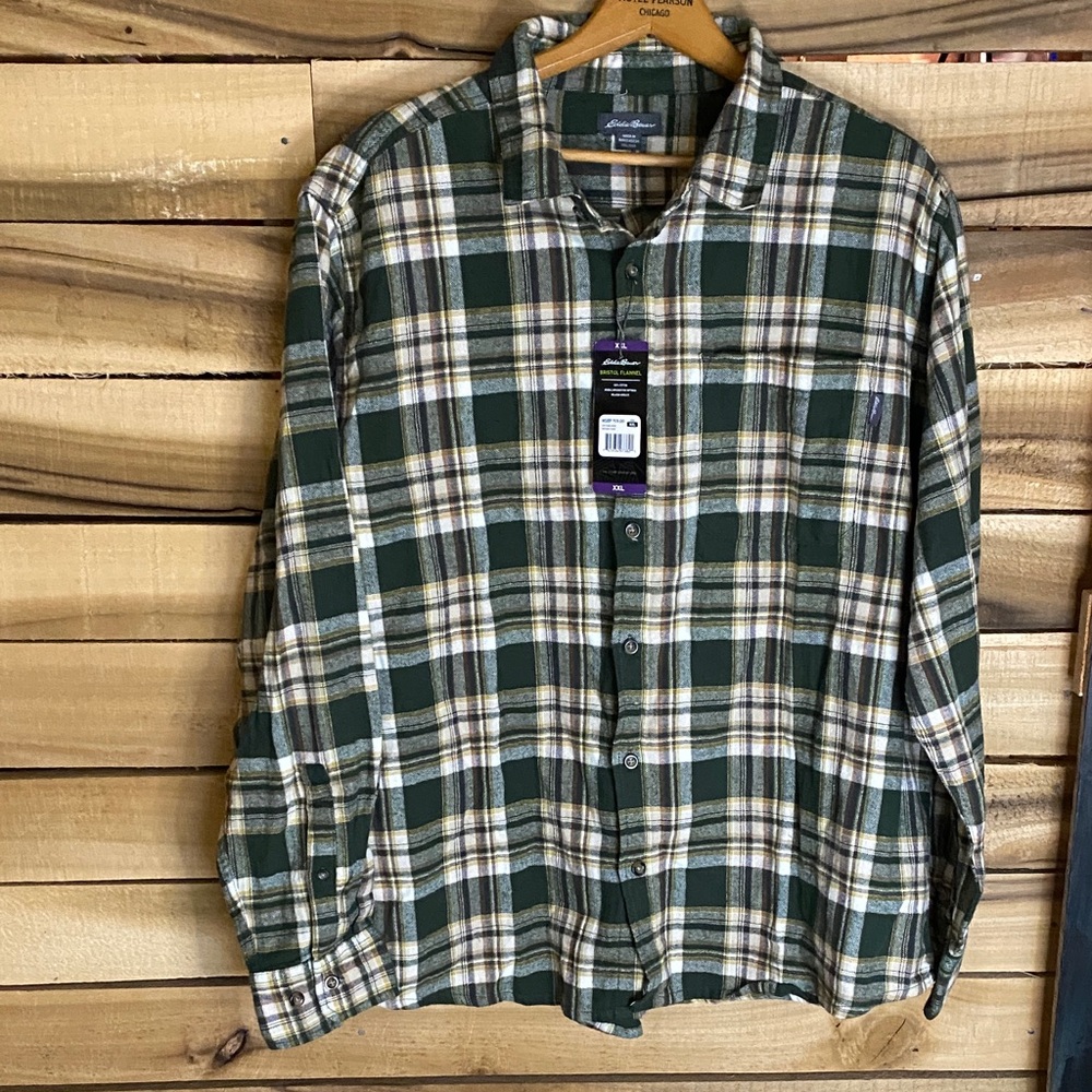 NWT Eddie Bauer Bristol flannel Forest Green Plaid Button Down Shirt XXL